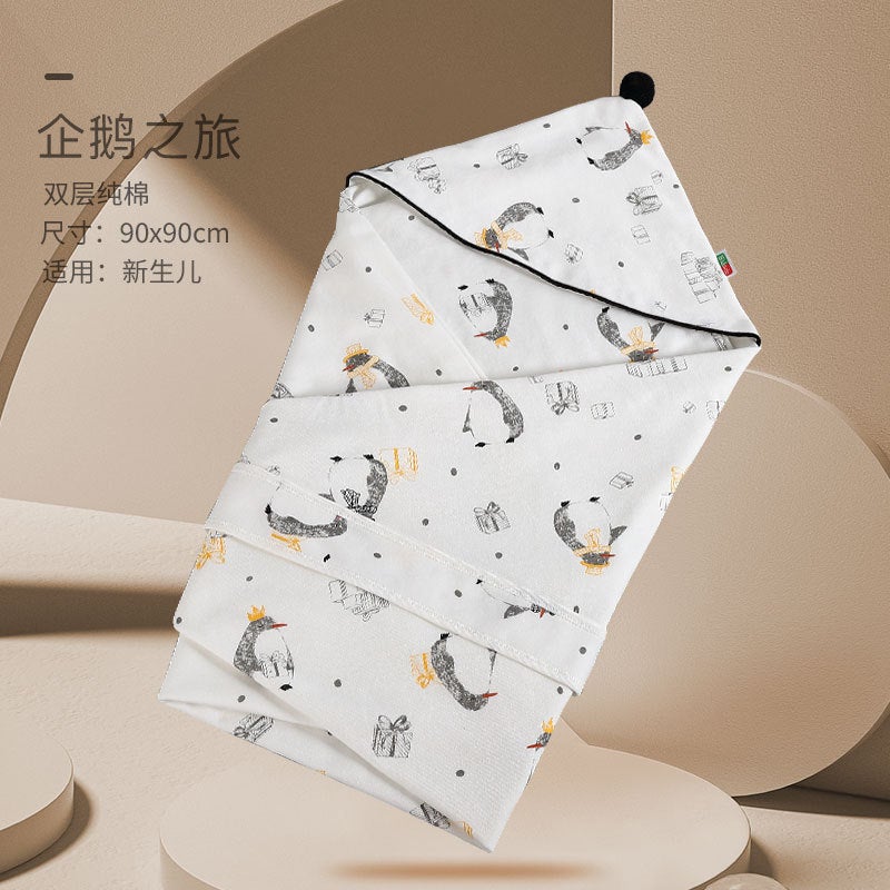 Bidole Baby Quilt Newborn Package Summer Thin Double Layer Blanket Newborn Pure Cotton Quilt Going Out Penguin 