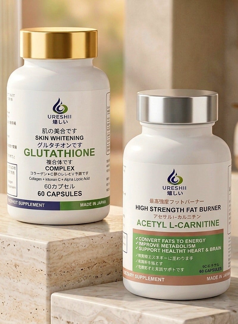 Ureshii Skin Whitening Glutathione Complex 60 Capsules & Ureshii Strength Fat Burner Acetyl L-Carnitine 60 Capsules Bundle