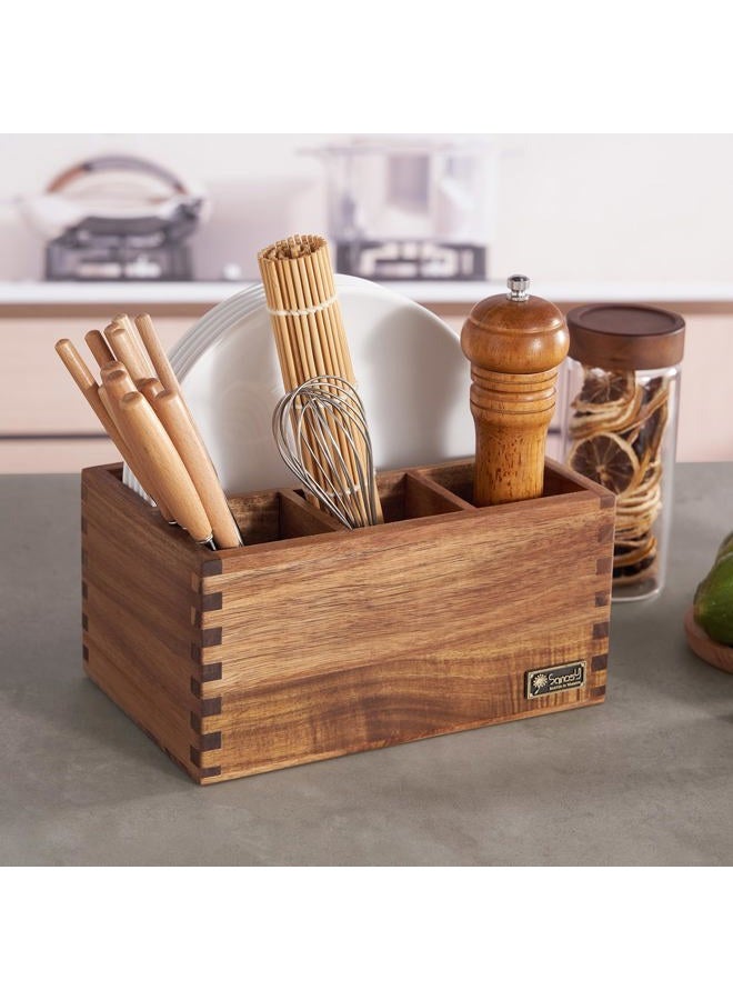 SANOSY Acacia Wood Utensil Holder, Paper Plate Dispenser Organizer for Countertop - 4 Compartment Silverware Caddy for Friendsgiving Party - Cutlery Holder for Cup, Fork, Spoon, Kitchen, Camping, Buffet - Image 1