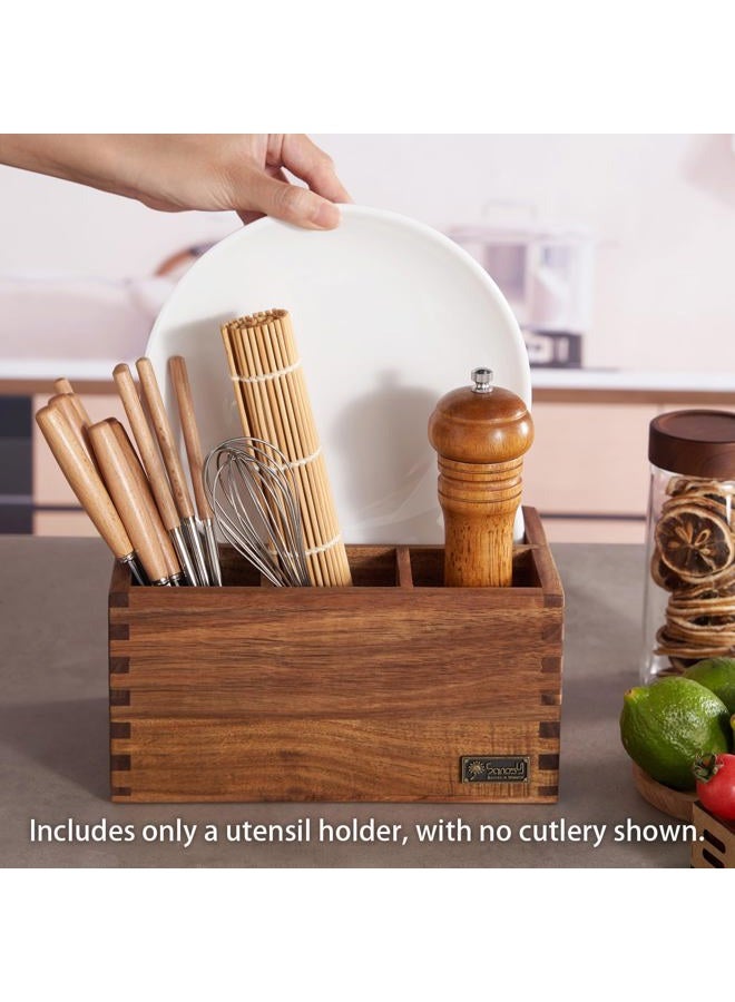 SANOSY Acacia Wood Utensil Holder, Paper Plate Dispenser Organizer for Countertop - 4 Compartment Silverware Caddy for Friendsgiving Party - Cutlery Holder for Cup, Fork, Spoon, Kitchen, Camping, Buffet - Image 3