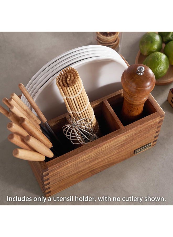 SANOSY Acacia Wood Utensil Holder, Paper Plate Dispenser Organizer for Countertop - 4 Compartment Silverware Caddy for Friendsgiving Party - Cutlery Holder for Cup, Fork, Spoon, Kitchen, Camping, Buffet - Image 4