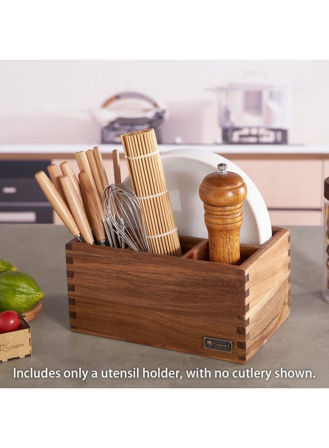 SANOSY Acacia Wood Utensil Holder, Paper Plate Dispenser Organizer for Countertop - 4 Compartment Silverware Caddy for Friendsgiving Party - Cutlery Holder for Cup, Fork, Spoon, Kitchen, Camping, Buffet - Image 5
