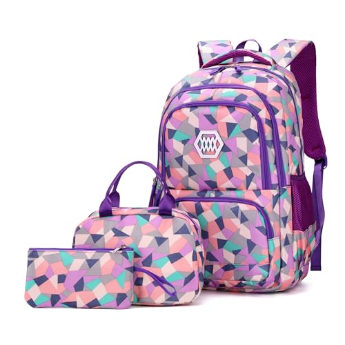 Bansusu 3Pcs Geometric Print Kids Backpack Set for Girls with Lunchbag, Purple Girls Backpack Elementary Middle School Bag Bookbag - Image 1