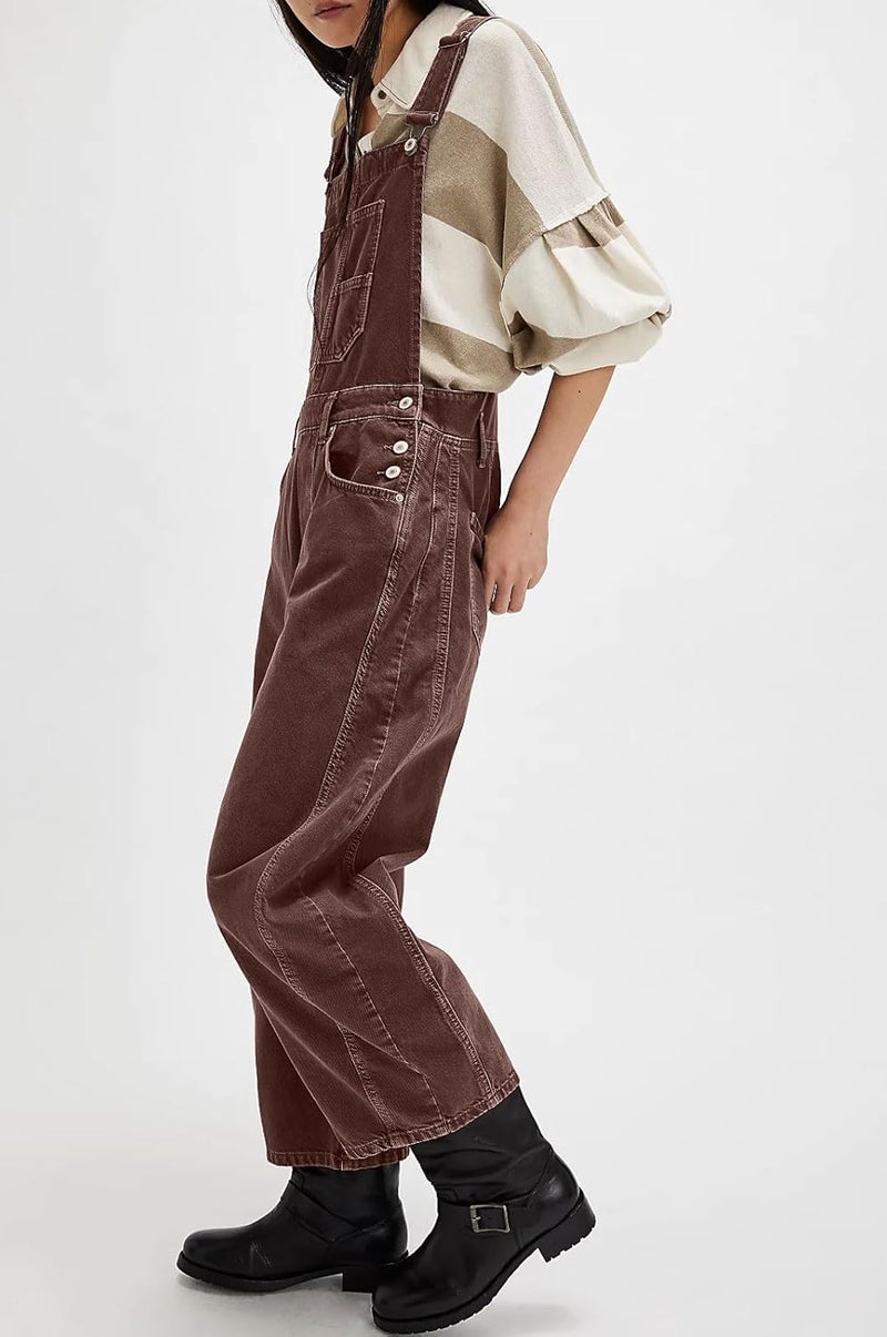 yoeasy Womens Denim Bib Overalls Barrel Wide Leg Baggy Adjustable Strap Denim Pants Jumpsuits with Pockets (Small, Chocolate) - Image 3