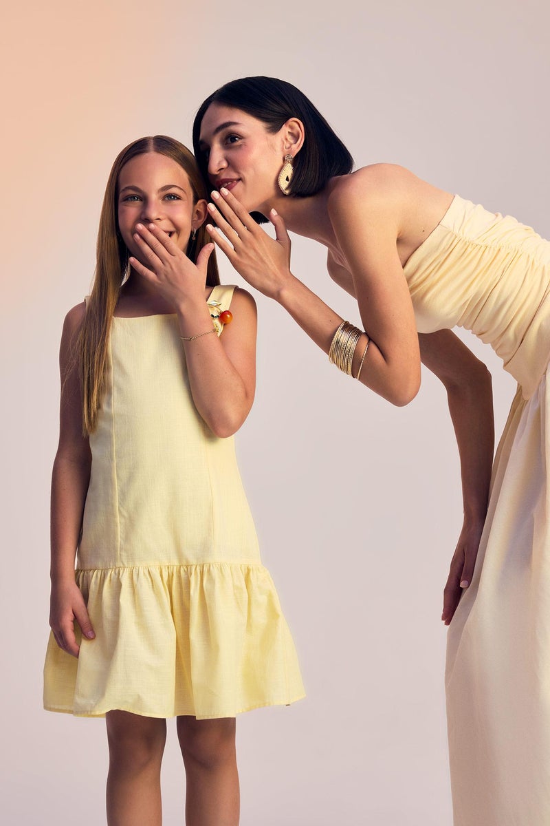 DeFacto Yellow Girl Regular Fit Round Neck Flounce Cotton Sleeveless Dress Casual - Image 4