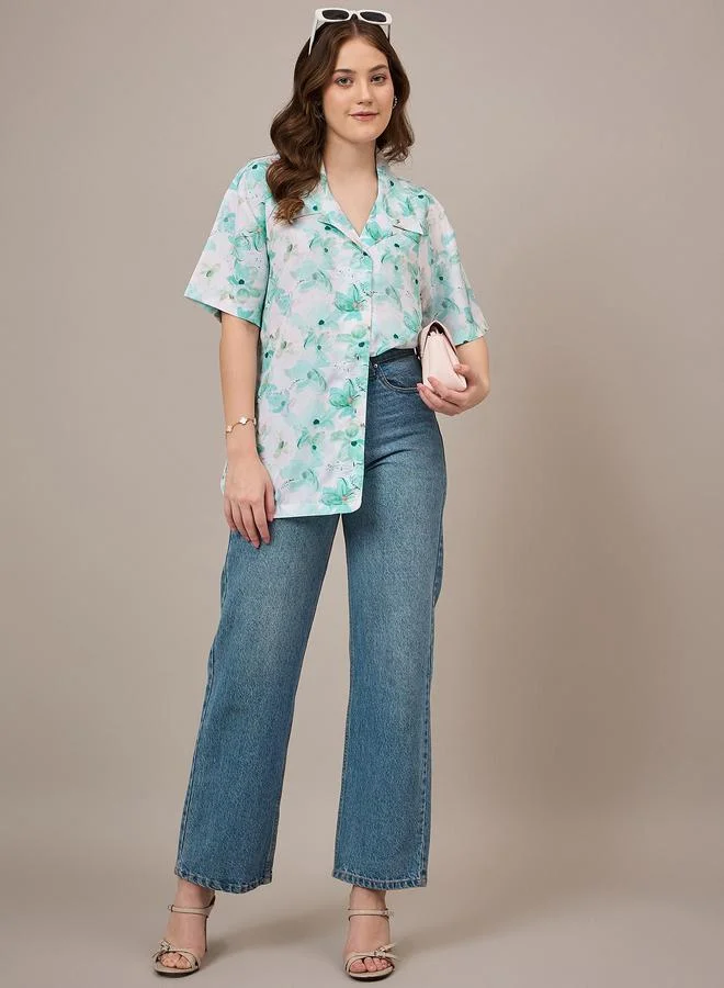 Kuwarii Green Floral Print Longline Shirt