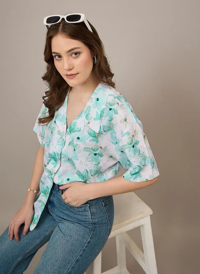 Kuwarii Green Floral Print Longline Shirt