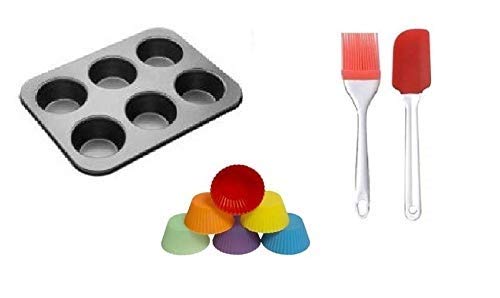 Morel Combo Muffin Cup Cake Mould Silicone Oiling Brush Silicone Spatula and 6 nos Silicon Muffin Mould Cups Round Kitchen Tools Set
