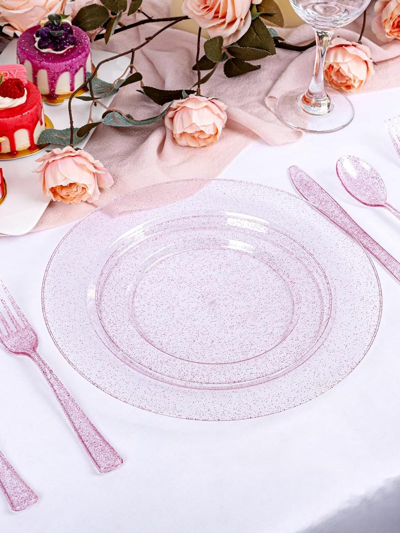 WDF 200PCS Pink Plastic Plates - Rose Gold Glitter Plastic Plates - Heavy Duty Pink Glitter Disposable Plates for Wedding Baby Shower Spring Birthday Easter - Image 2