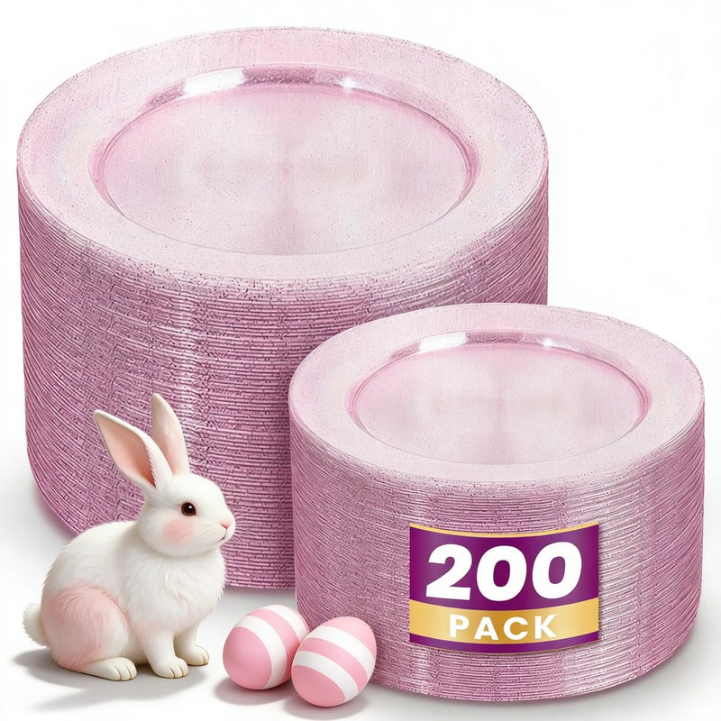 WDF 200PCS Pink Plastic Plates - Rose Gold Glitter Plastic Plates - Heavy Duty Pink Glitter Disposable Plates for Wedding Baby Shower Spring Birthday Easter - Image 1
