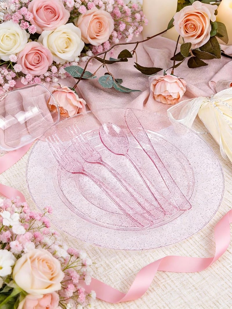 WDF 200PCS Pink Plastic Plates - Rose Gold Glitter Plastic Plates - Heavy Duty Pink Glitter Disposable Plates for Wedding Baby Shower Spring Birthday Easter - Image 4