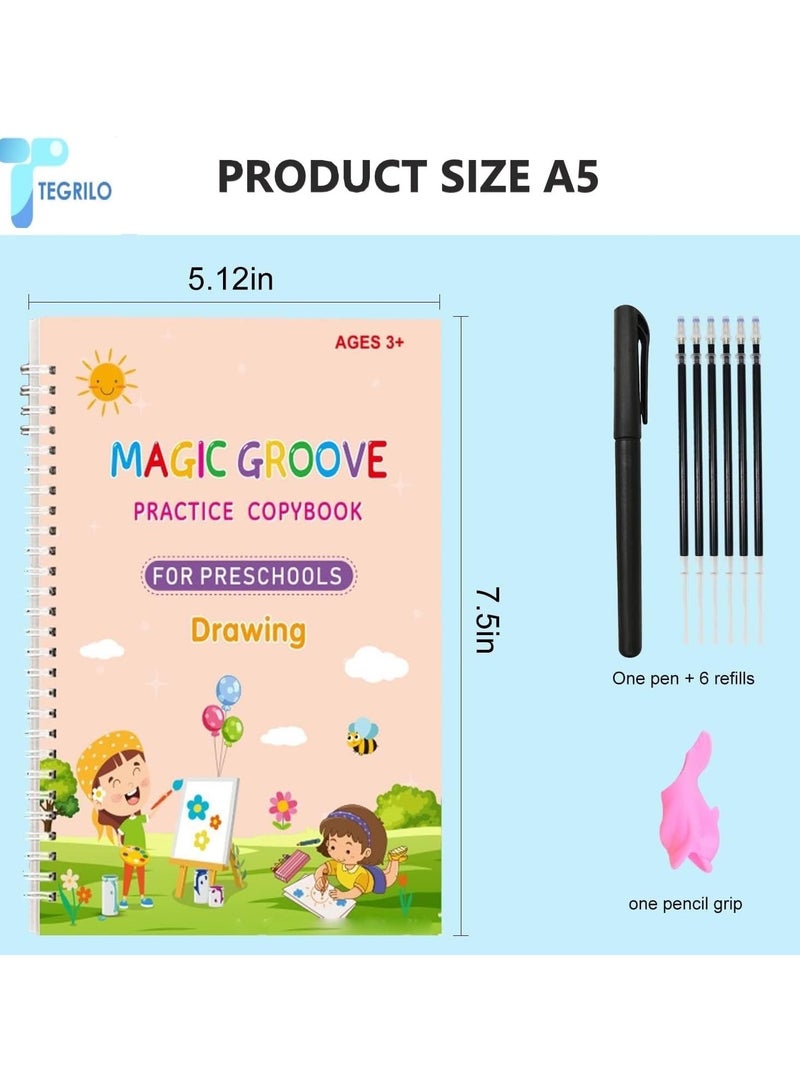 TEGRILO Handwriting Copybook, Magic Calligraphy Practice Book For Kids, Reusable Tracing Practice kit. Included Easy Grip Pen & Refill 4 books Math Numbers English Alphabet Drawing (A5)  - Image 2