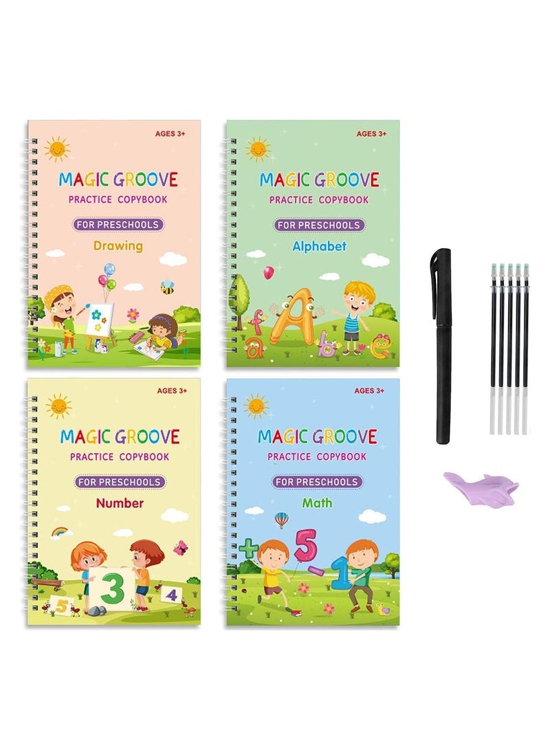 TEGRILO Handwriting Copybook, Magic Calligraphy Practice Book For Kids, Reusable Tracing Practice kit. Included Easy Grip Pen & Refill 4 books Math Numbers English Alphabet Drawing (A5)  - Image 1