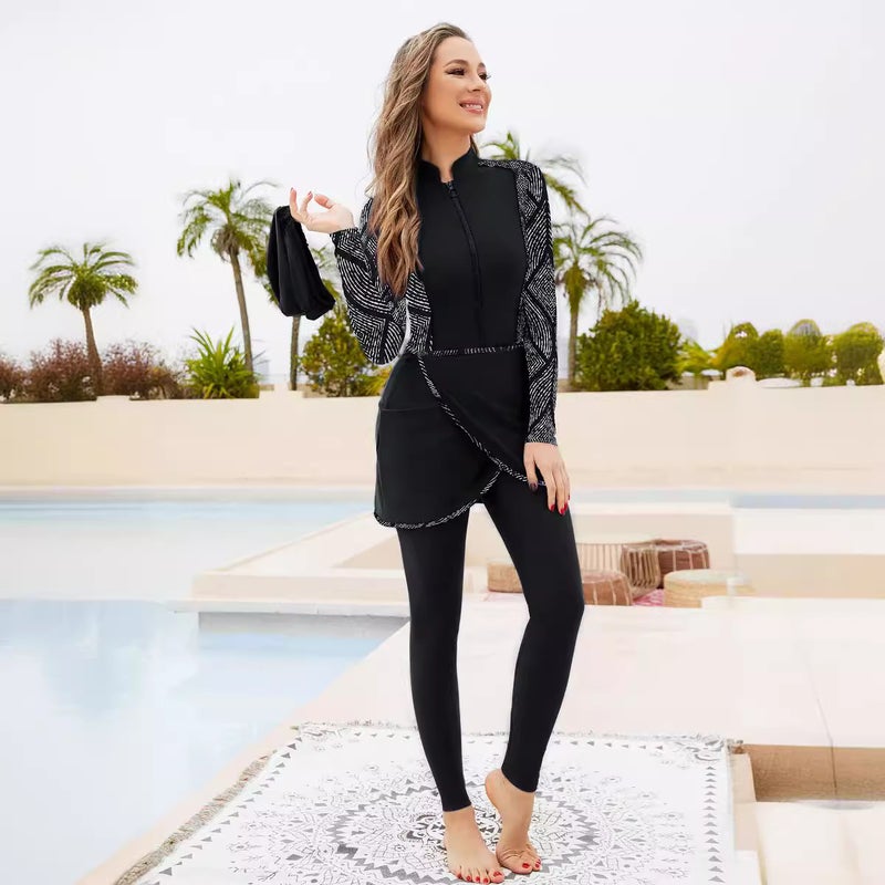 Full Surrounded Sheltering Diving Surfing Conservative Swimsuit Four-Piece Beach Printed Sunscreen Long-Sleeved Split Swimsuit - Image 1