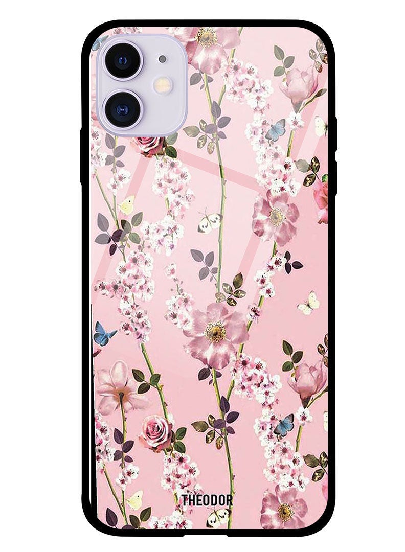 Theodor Protective Tempered Glass Case Cover IPHONE 12 6.1  Small Pink Flowers - Image 1