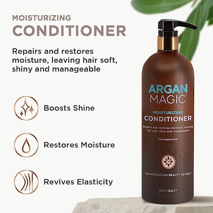 ARGAN MAGIC Hair Care Essentials Trio - Shine Boosting Shampoo | Moisturizing Conditioner | 10 in 1 Leave in Spray | Restores Shine & Elasticity | Hydrates | Detangles | Made in USA (32 oz / 8 oz) - Image 4