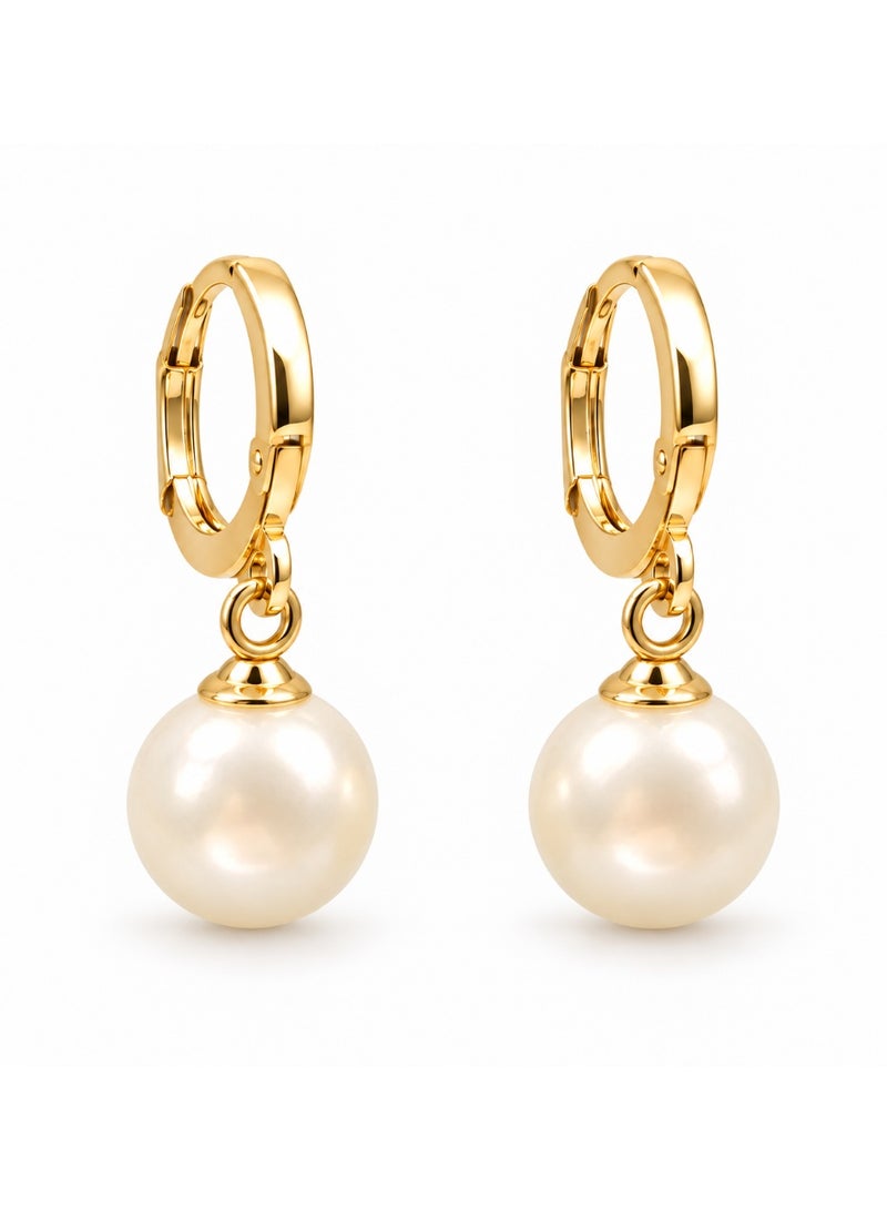 3Diamonds Dangle Hoop Earrings with Pearl-Style Drops, Gold Plated Finish - Image 1