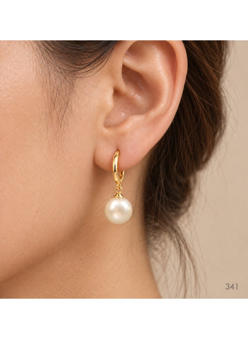 3Diamonds Dangle Hoop Earrings with Pearl-Style Drops, Gold Plated Finish - Image 2