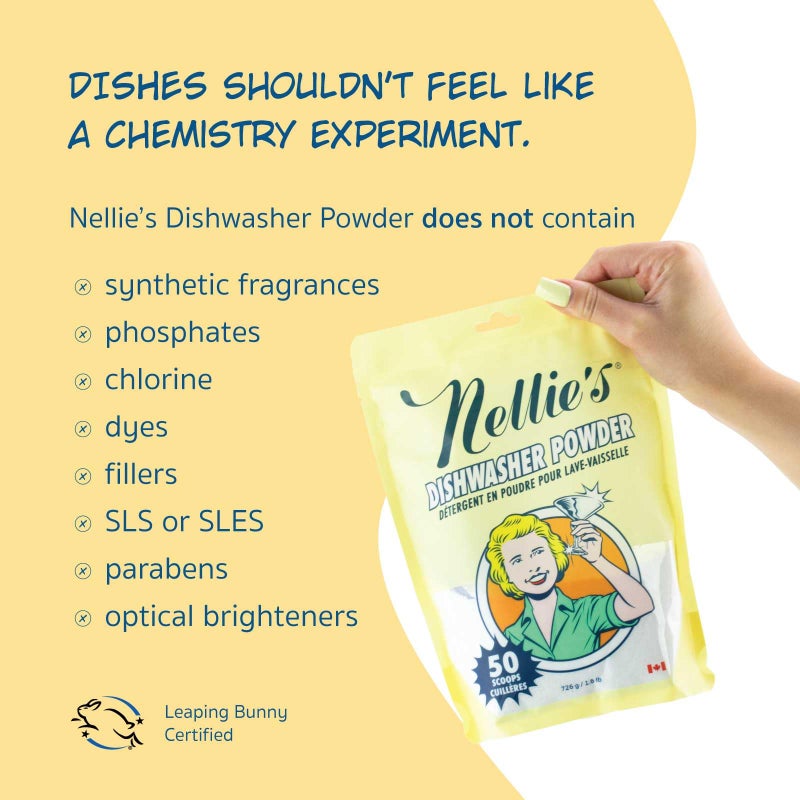 Nellie's Dishwasher Powder - 50 Load - Plant-Based Dishwasher Detergent - Septic Safe, Fragrance-Free - Easily Penetrates Grease & Food Particles - Phosphate-Free - (Made in Canada) - Image 2
