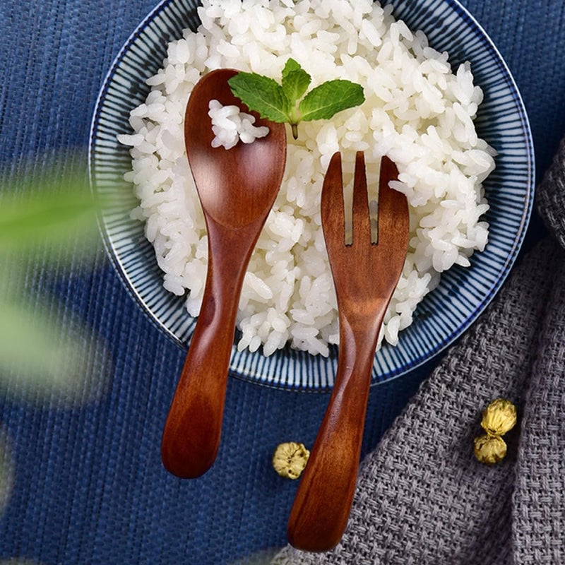 Wooden Cutlery Set, Japanese Style Fork and Spoon Set, Portable Household Flatware, 11.5×2.5cm Size, Safe Solid Feeding Utensils for Boys - Image 4