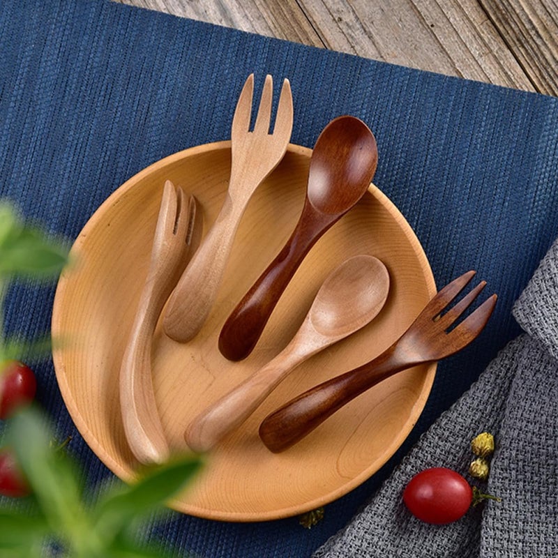 Wooden Cutlery Set, Japanese Style Fork and Spoon Set, Portable Household Flatware, 11.5×2.5cm Size, Safe Solid Feeding Utensils for Boys - Image 3