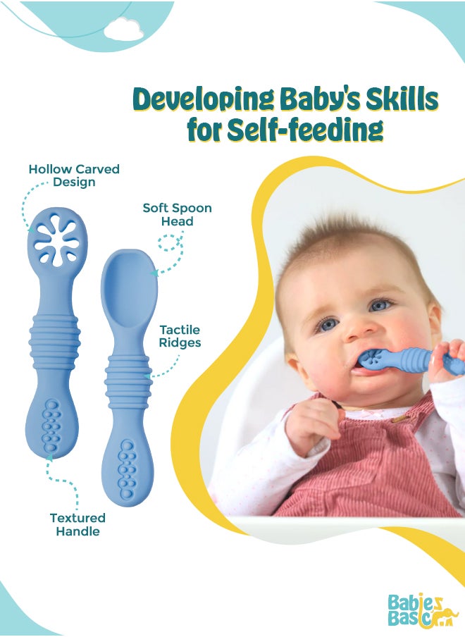 Babies Basic BabiesBasic Soft Tip BPA Free Silicone First Stage Training Spoon with Masher- Sky Blue  - Image 2