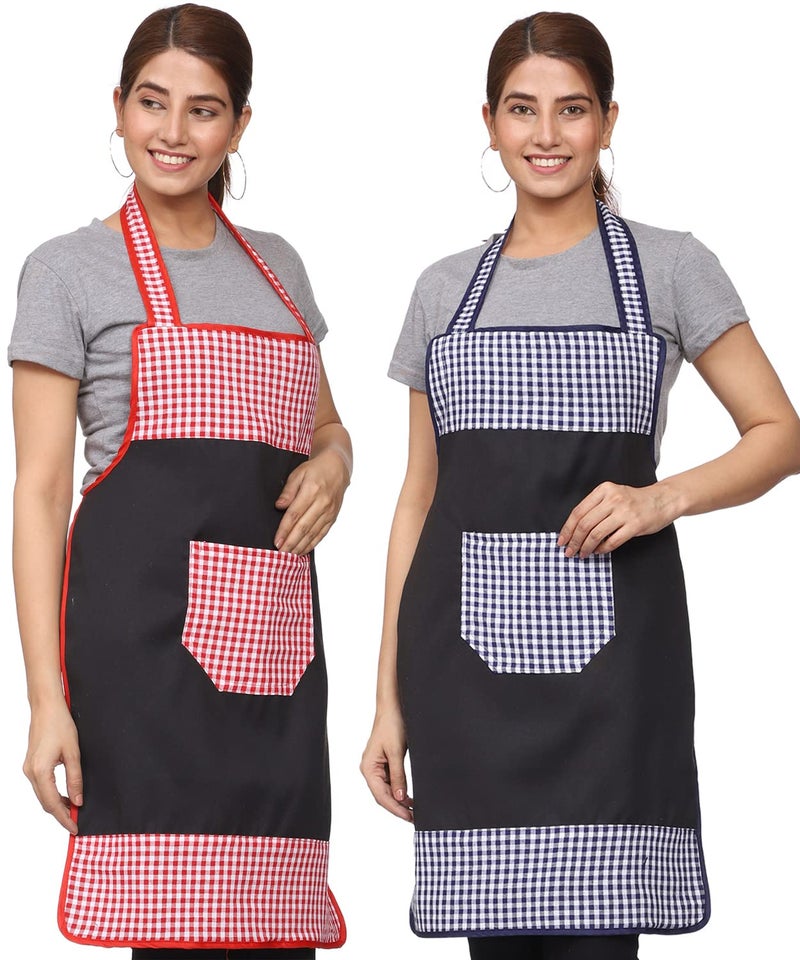 JMi Check and Plain Fabric Designer Waterproof Apron With Front Multi Purpose Pocket For Kitchen, Cooking, Dusting, Home. (Pack of 2) (Multi - 10) - Image 1