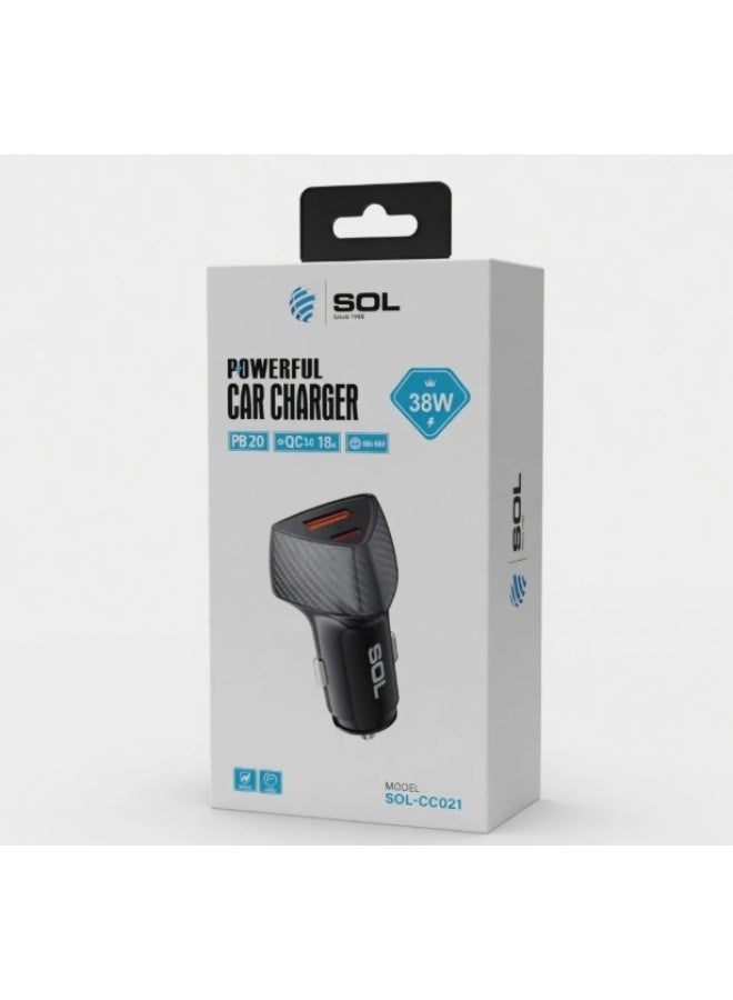 اس او ال شاحن سيارة قوي، منفذان USB-A و USB-C، شحن سريع 38 واط، تقنية الشحن السريع QC 3.0، نسيج ألياف الكربون، أسود، SOL-CC021 - Image 2