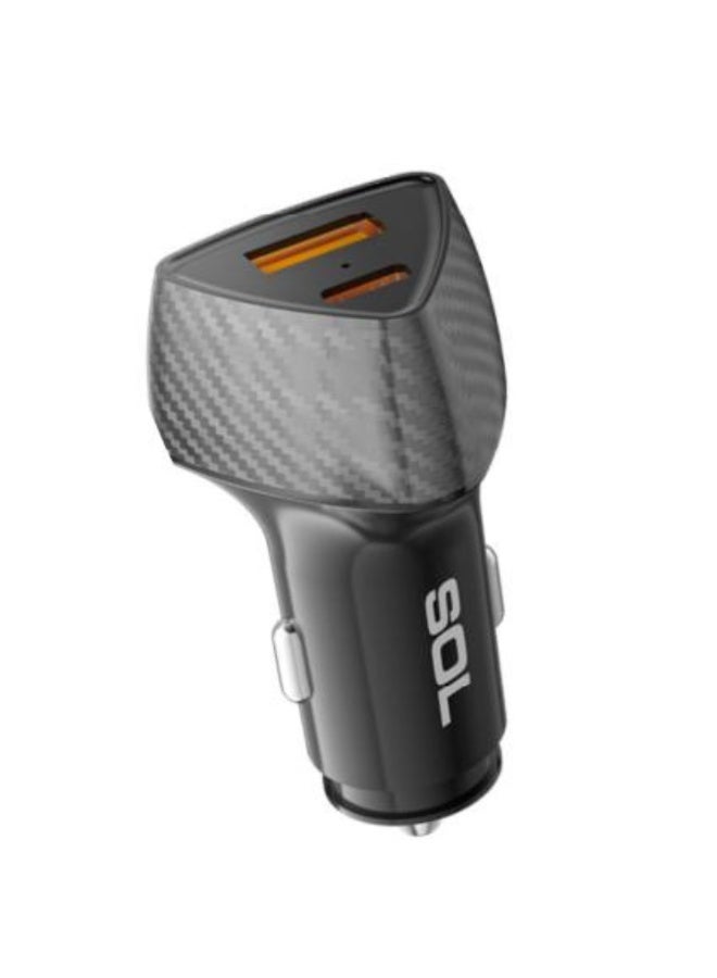 اس او ال شاحن سيارة قوي، منفذان USB-A و USB-C، شحن سريع 38 واط، تقنية الشحن السريع QC 3.0، نسيج ألياف الكربون، أسود، SOL-CC021 - Image 1
