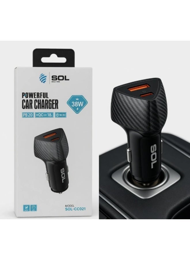 اس او ال شاحن سيارة قوي، منفذان USB-A و USB-C، شحن سريع 38 واط، تقنية الشحن السريع QC 3.0، نسيج ألياف الكربون، أسود، SOL-CC021 - Image 3