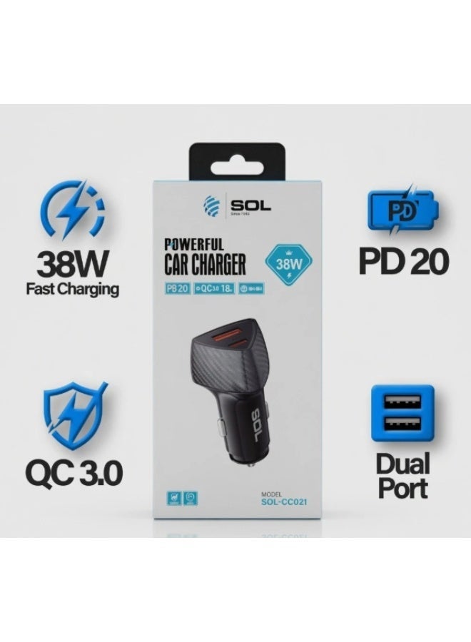 اس او ال شاحن سيارة قوي، منفذان USB-A و USB-C، شحن سريع 38 واط، تقنية الشحن السريع QC 3.0، نسيج ألياف الكربون، أسود، SOL-CC021 - Image 4
