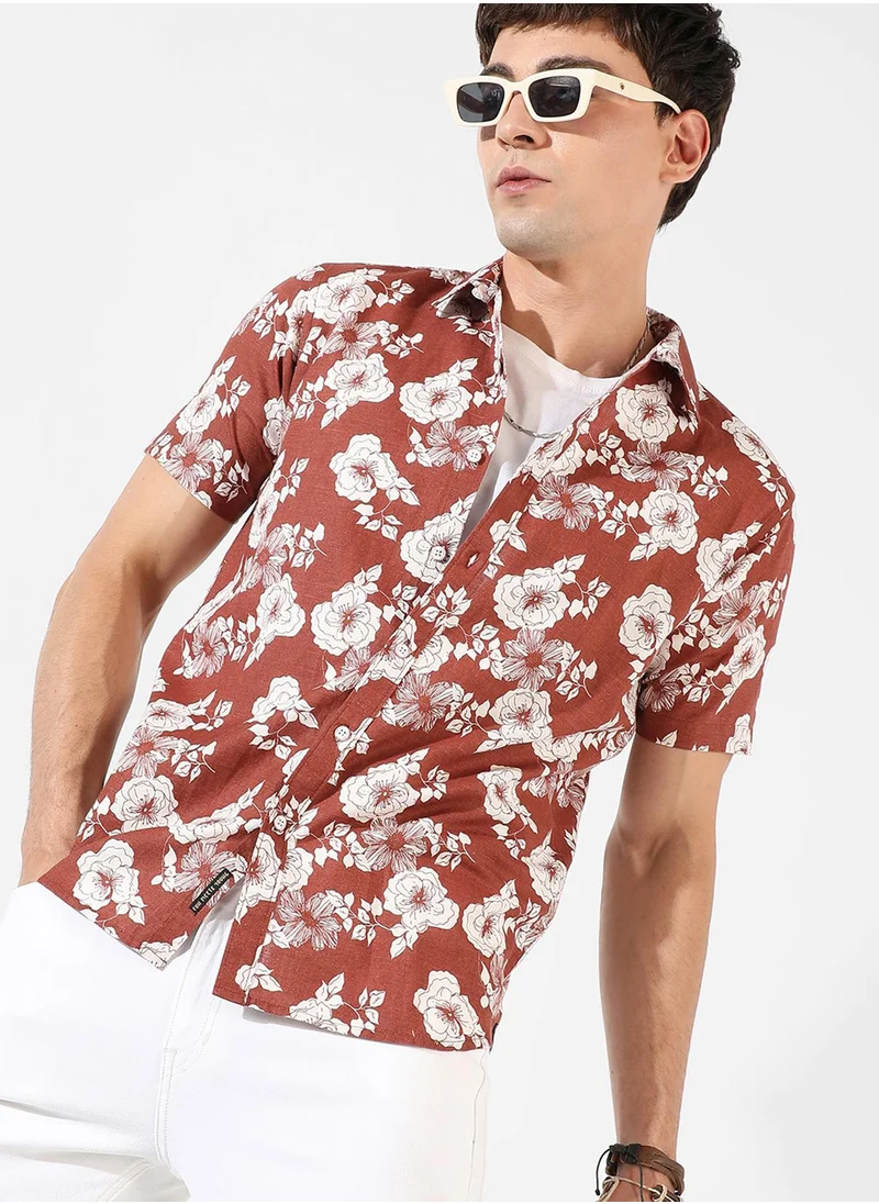 كامبوس سوترا Men's Brown Printed Regular Fit Casual Shirt