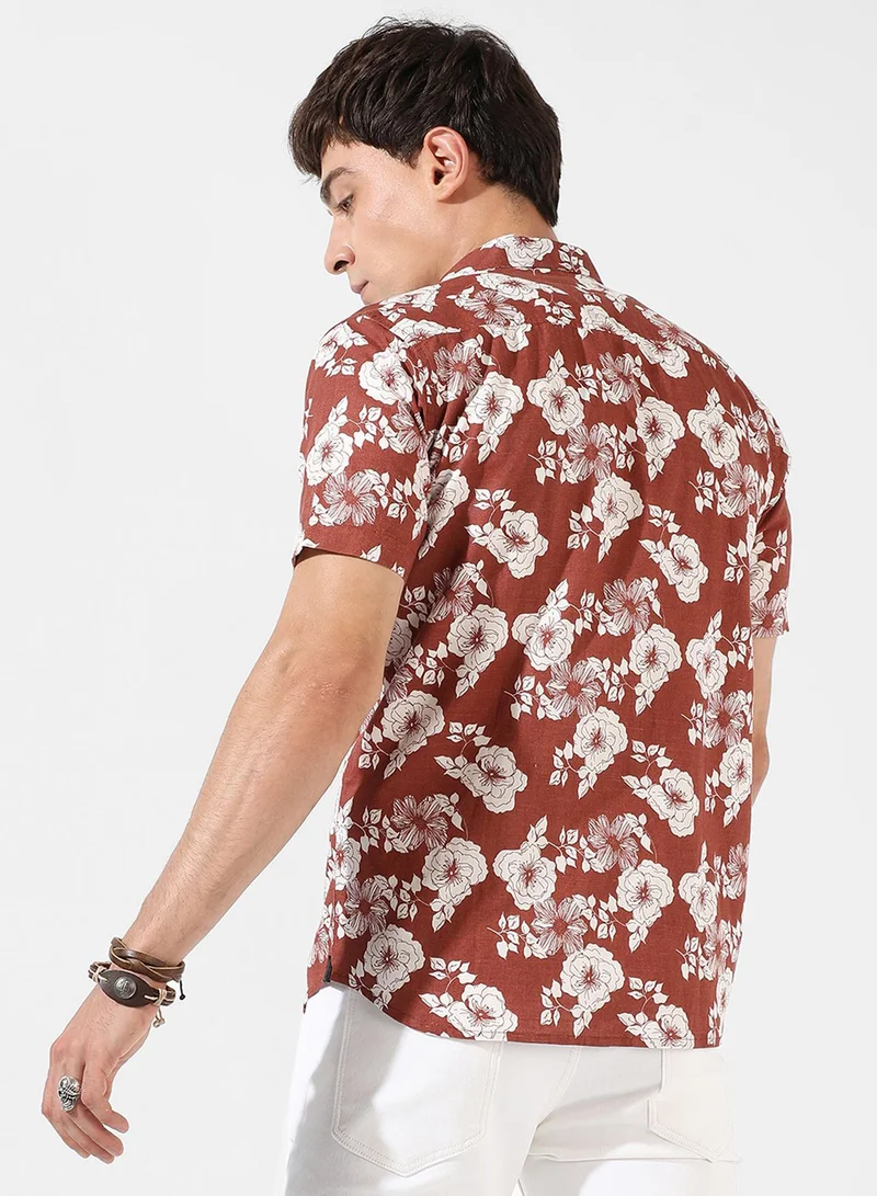 كامبوس سوترا Men's Brown Printed Regular Fit Casual Shirt