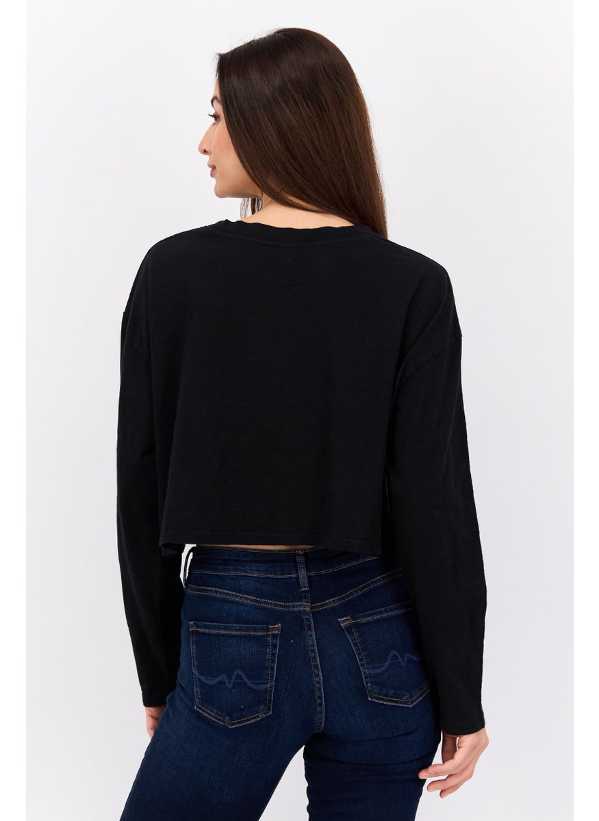 Pepe Jeans Women Crew Neck Long Sleeve Plain Top, Black  - Image 3