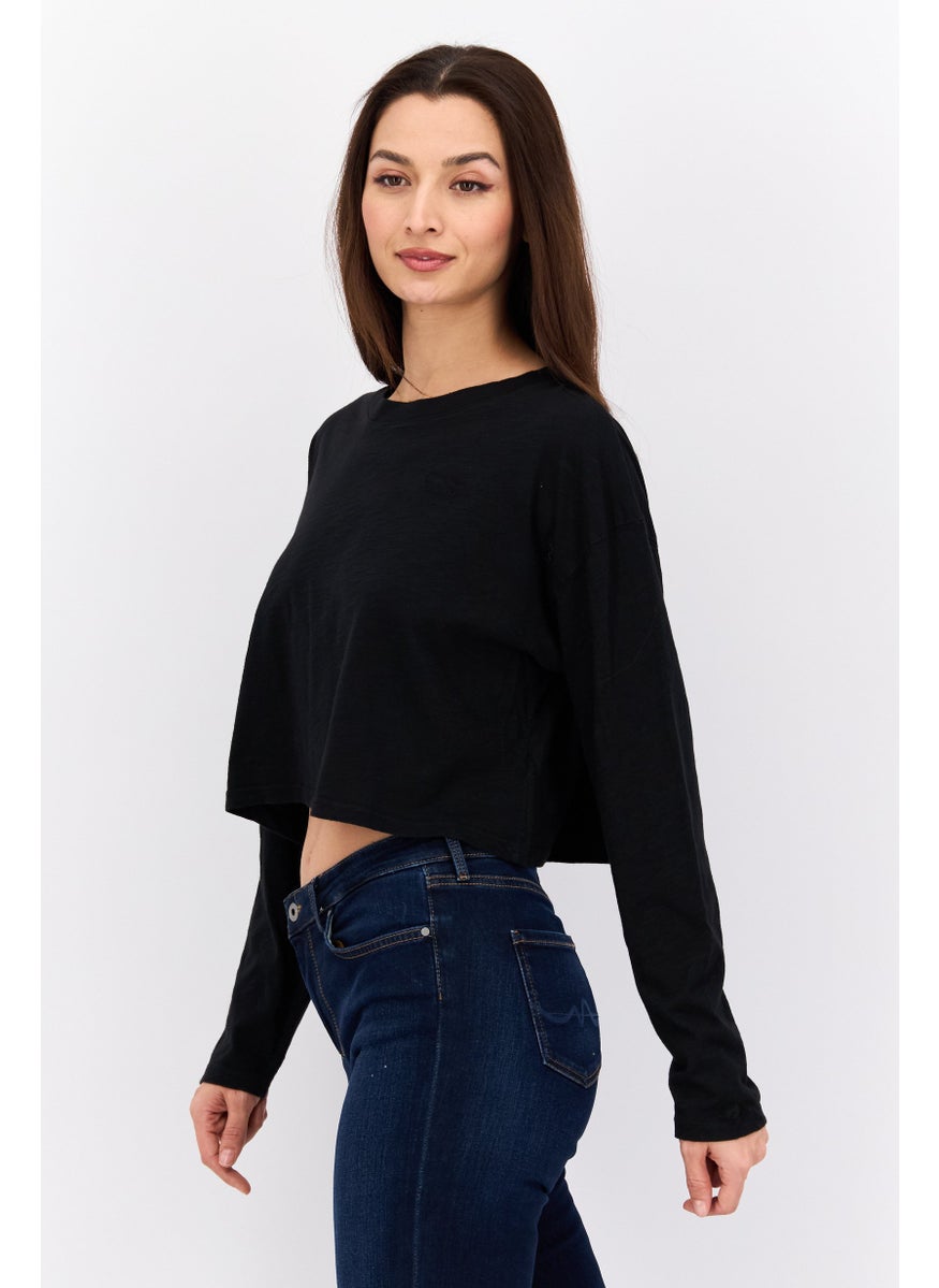 Pepe Jeans Women Crew Neck Long Sleeve Plain Top, Black  - Image 2