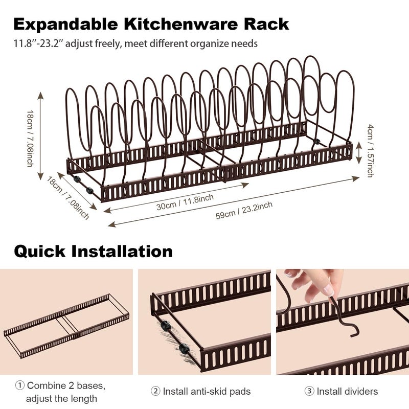 Housolution Pot and Pan Organizer Rack for Cabinet, Expandable Pot Lid Organizer with 15 Adjustable Dividers, Pan Holder Storage Rack for Kitchen Cabinet, Bronze - Image 5
