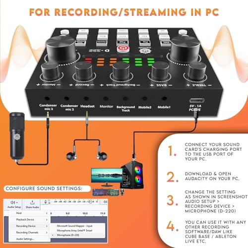 DIGIMORE Dual Condenser Microphone Kit for Singing with V8 Sound Card | Studio Recording Equipments Full Set, Voice Recorder Mic, Karaoke, Gaming, Podcast & Lecture (D-432) - Image 5