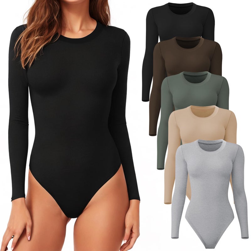 CE CERDR 5 Pack Long Sleeve Bodysuit for Women Round Neck Casual Stretchy Basic Shirts Crew Neck Body Suits Tops