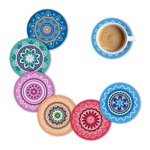 Brizberry® Premium Round Mandala Ethnic Beautiful Wooden Coasters, Diwali Gift, Fit for Tea Cups, Coffee Mugs and Glasses 4 8 12 (3.5X3.5 Inch) Design 9 (Set of 6) - Image 1