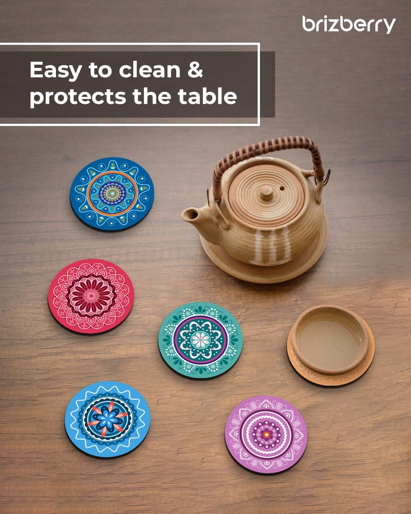 Brizberry® Premium Round Mandala Ethnic Beautiful Wooden Coasters, Diwali Gift, Fit for Tea Cups, Coffee Mugs and Glasses 4 8 12 (3.5X3.5 Inch) Design 9 (Set of 6) - Image 4