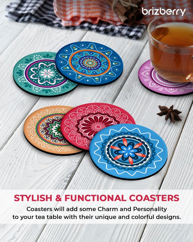 Brizberry® Premium Round Mandala Ethnic Beautiful Wooden Coasters, Diwali Gift, Fit for Tea Cups, Coffee Mugs and Glasses 4 8 12 (3.5X3.5 Inch) Design 9 (Set of 6) - Image 5