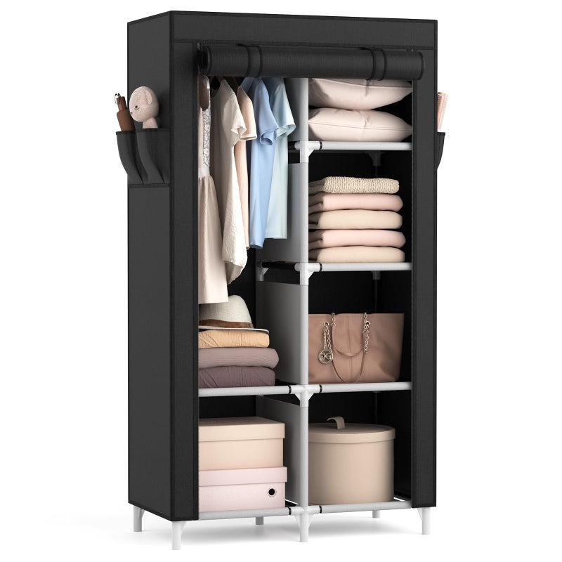 ROJASOP Portable Closet Wardrobe Closet for Hanging Clothes with 6 Storage Shelves 1 Hanging Rod and 4 Pockets Free Standing Closet Clothes Organizer for Bedroom Sturdy and Easy Assemble