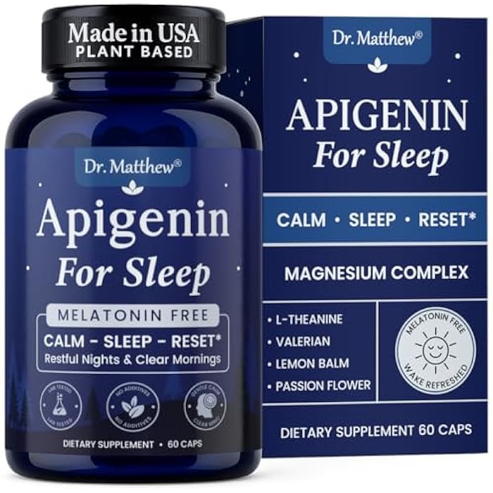 Dr. Matthew Apigenin Supplement for Sleep. Best Natural Sleep Aid Without Melatonin for Adults. With L-Theanine & Magnesium. Plant-Based Nighttime Support. Apigenina Suplemento. - Image 1