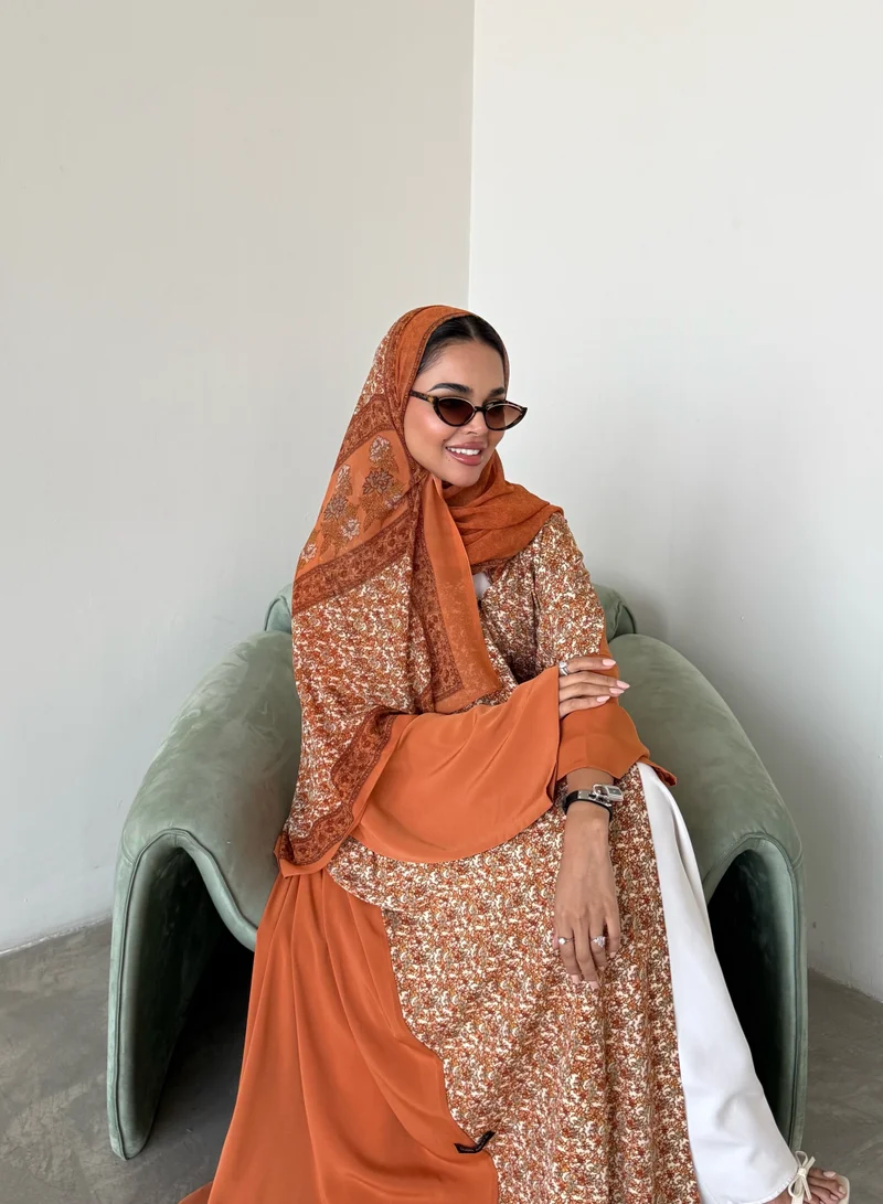 Lusin Abaya Orange Indian Silk Abaya with Floral-Print Front & Veil