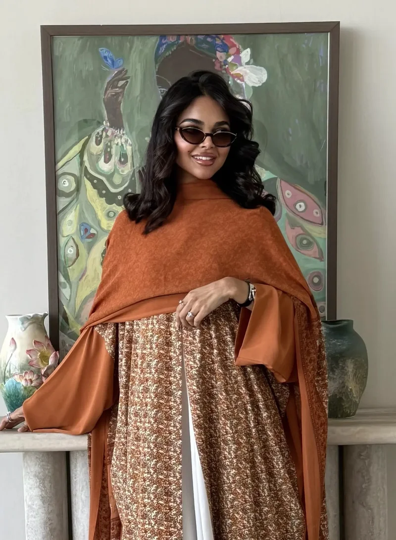 Lusin Abaya Orange Indian Silk Abaya with Floral-Print Front & Veil