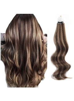 ABH AmazingBeauty Hair Micro Loop Human Hair Extensions 50g 50strands Micro Links Ring Hair Extensions Chocolate Brown with Caramel Blonde Highlights Straight Micro Ring Hair Extensions 14 Inch
