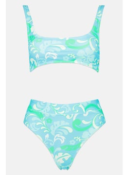 Women 2 Pcs Padded Heart Print Bikini Set, Light Blue