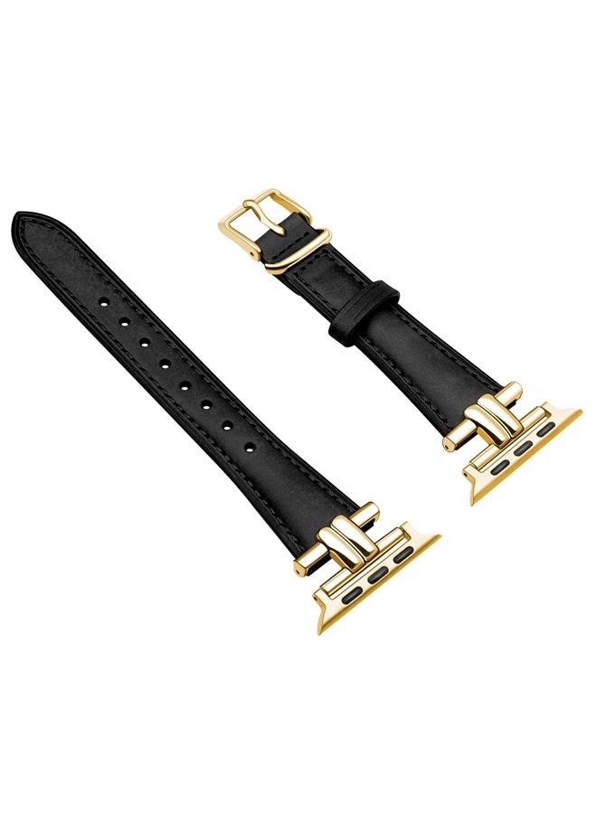 Juntan Leather Slim Band Compatible for Apple Watch 38mm 40mm 41mm Band,Genuine Black Leather I-Shape Watch Strap Bracelet with Stainless Buckle for iWatch Women Bands Series 8 7 6 5 4 3 2 1 SE - Image 1