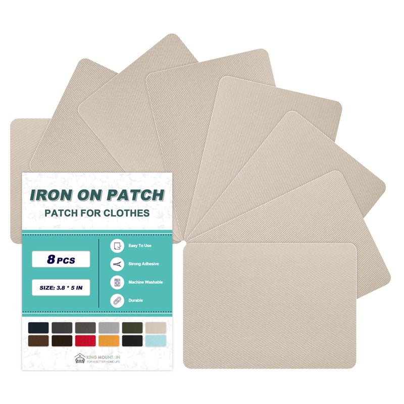 KING MOUNTAIN Iron on Patches for Clothes, 8 Pieces Patches for Cloth, 100% Cotton Fabric Patches for Clothing, Bag, Hat Repair, Clothing Repair Decorating Kit 3.7" by 4.9" (9.5 cm x 12.5 cm, Beige) - Image 1