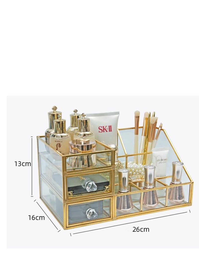 Golden Vintage Makeup Organizer,Stackable Cosmetic Storage Countertop Cosmetic Display Cases for Makeup Brushes Perfume Lipstick Nail Polish for Dresser Vanity Countertop (Cosmetic Cases with Drawer)  - Image 4